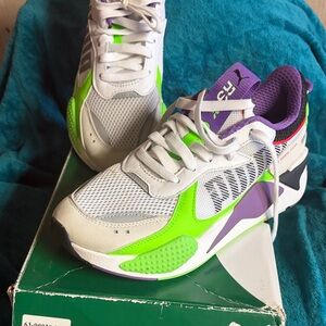 Puma White Neon Green and Purple Retro Running Sneakers